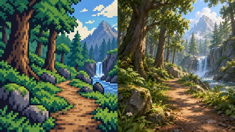 The same forest twice: on the left in pixel art with a few colours, on the right modern and detailed.