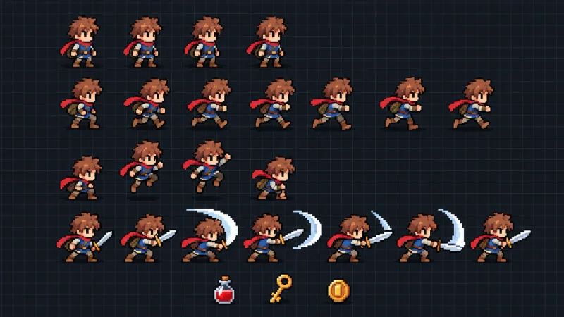 Animation sheet of a pixel-art hero: the character stands, walks, jumps and attacks; next to it a potion, a key and a coin.